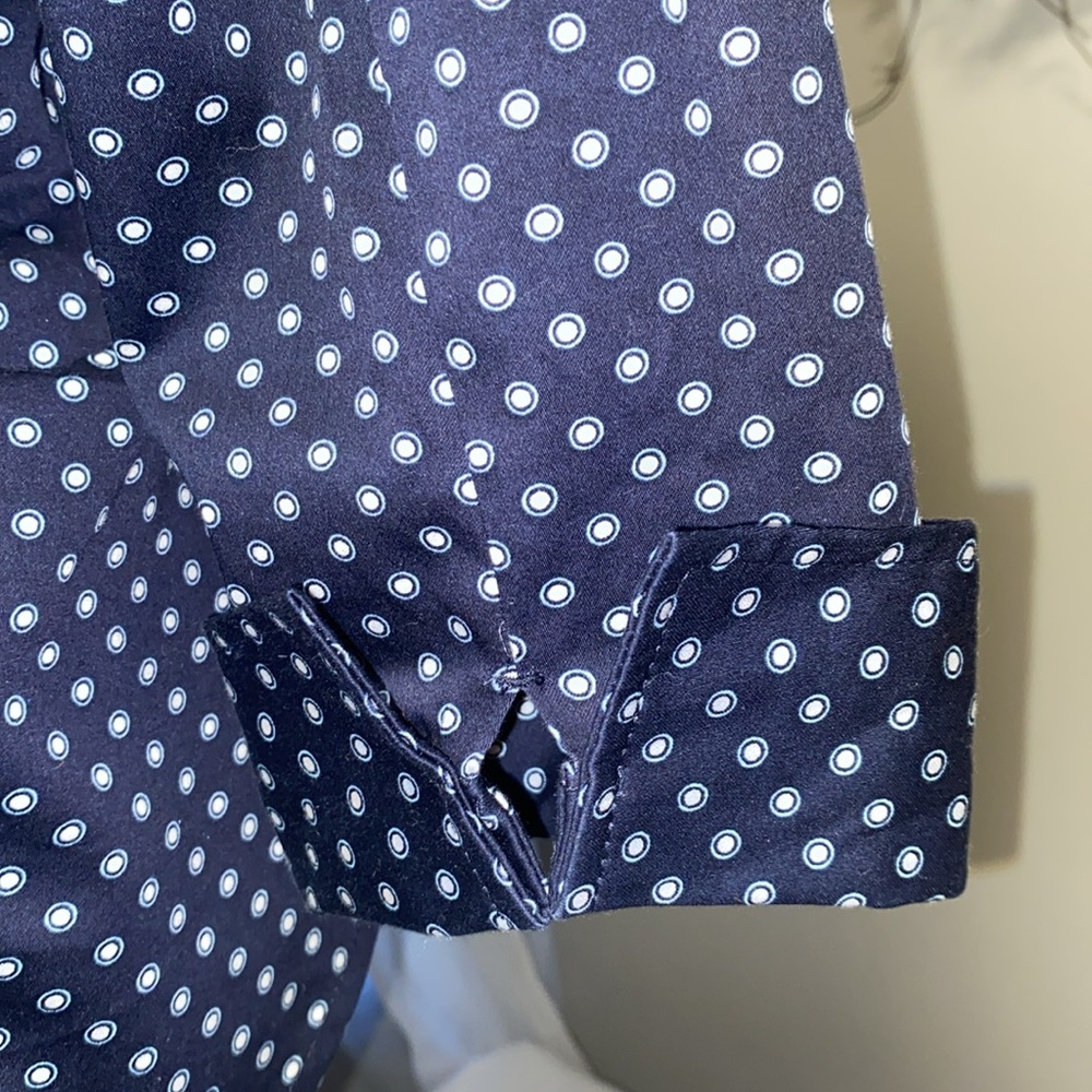Navy blue white  button up button down ruched side fitted women’s blouse top med - Picture 8 of 11